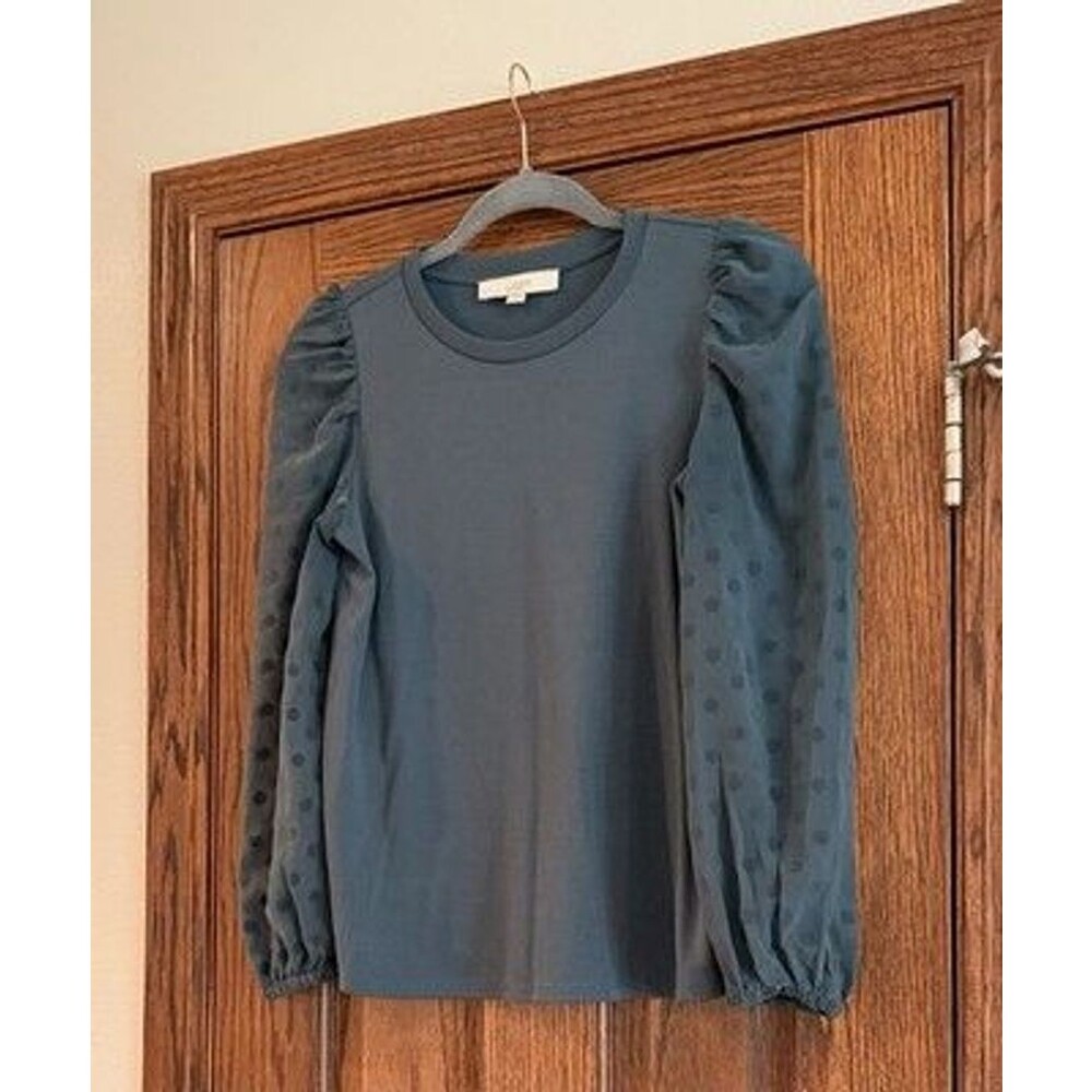LOFT Women’s Blue Polka Dot Crew Neck Long Sleeve Knit Puff Blouse, XS